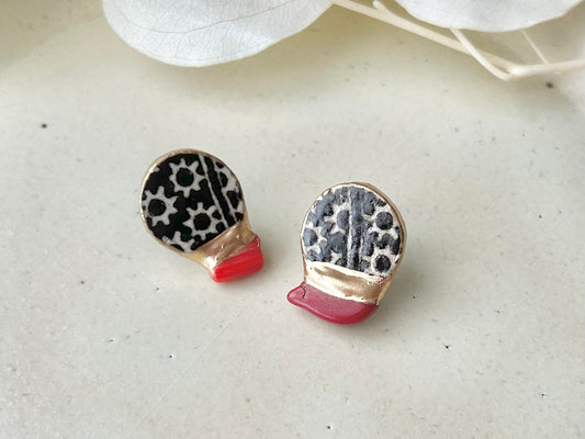 唐津焼 金継ぎ サージカルステンレスピアス 黒 白 三嶋文 赤サンゴ 天然石 伝統工芸 #159