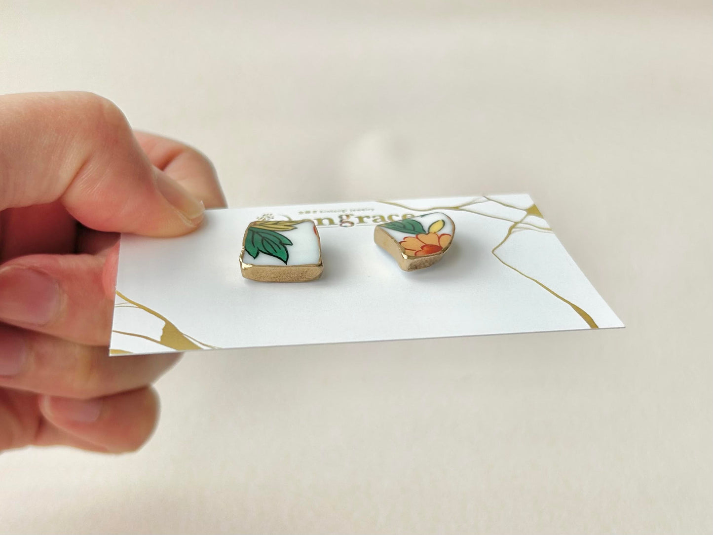 Imari Ware Kintsugi Titanium Earrings Gold Carnelian