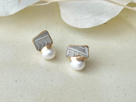 京焼 金継ぎ サージカルステンレスピアス グレー 淡水パール 天然石 伝統工芸 #182