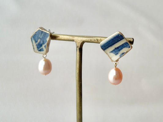 京焼 金継ぎ サージカルステンレスピアス 青 淡水パール 天然石 伝統工芸 #184