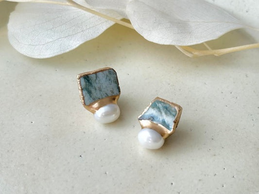 【金具が選べる】萩焼 金継ぎ ピアス イヤリング グレー 淡水パール 天然石 伝統工芸 #193