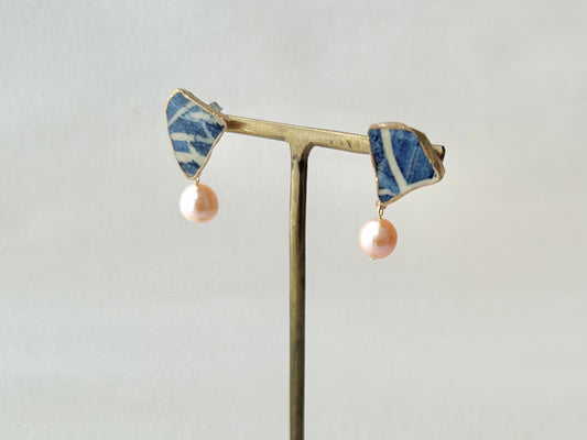 京焼 金継ぎ サージカルステンレスピアス 青 淡水パール 天然石 伝統工芸 #202