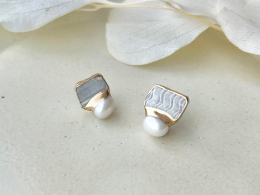 京焼 金継ぎ サージカルステンレスピアス グレー 淡水パール 天然石 伝統工芸 #234