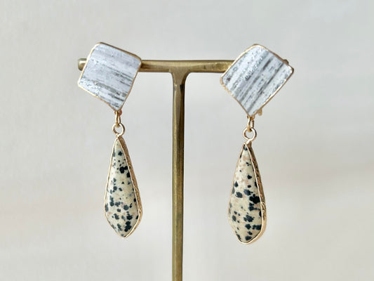 有田焼 金継ぎ ネジバネ式イヤリング グレー ダルメシアンジャスパー 揺れる 伝統工芸 #259