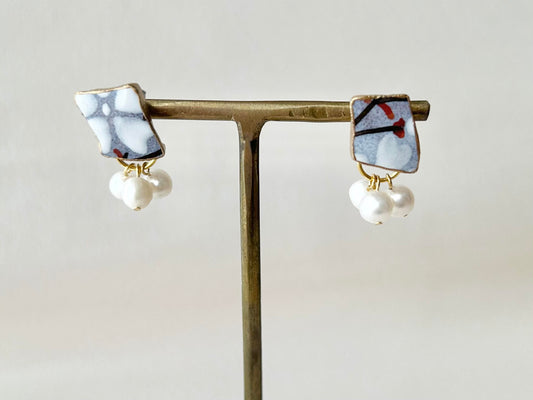 京焼 金継ぎ サージカルステンレスピアス 紫 手書き 絵付け 花柄 淡水パール 天然石 伝統工芸 #261