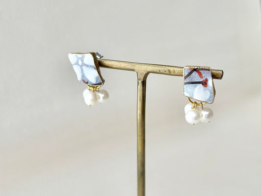 京焼 金継ぎ サージカルステンレスピアス 紫 手書き 絵付け 花柄 淡水パール 天然石 伝統工芸 #261