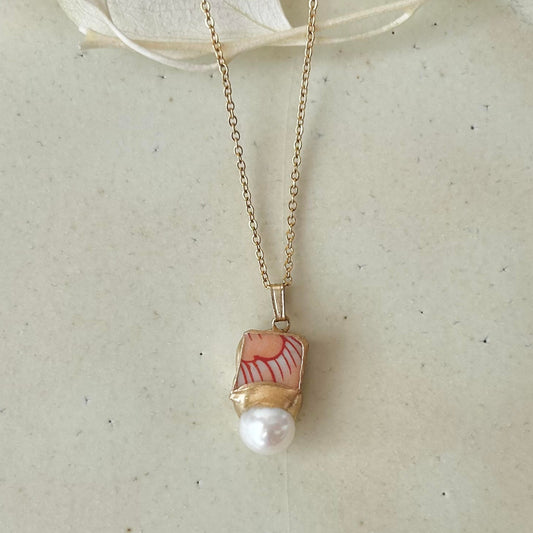 有田焼 金継ぎ ネックレス サージカルステンレスチェーン アレルギー対応 18K ピンク花柄 淡水パール 天然石 伝統工芸 #78