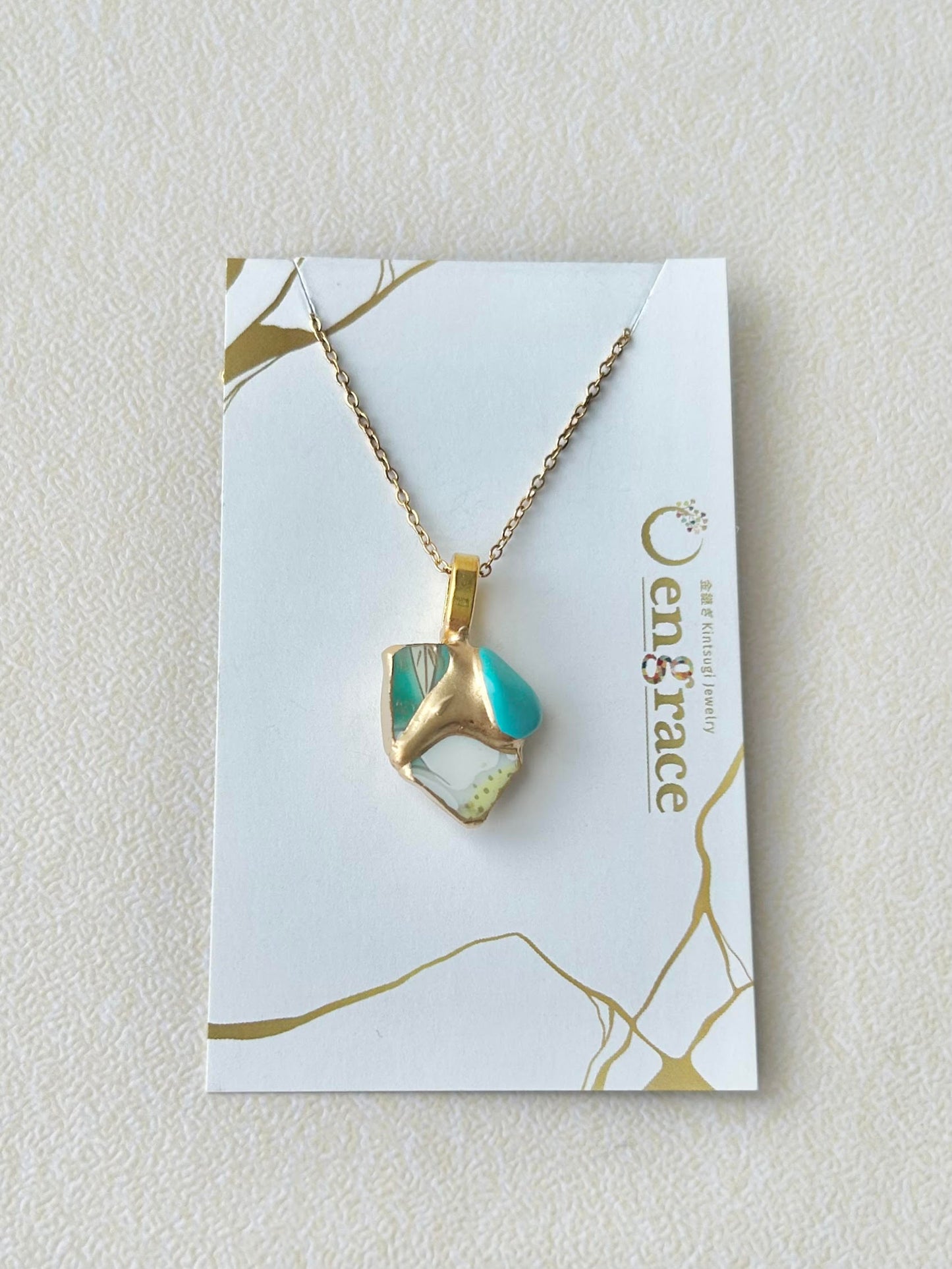 有田焼　金継ぎ　ネックレス　サージカルステンレスチェーン　アレルギー対応　18K　緑　リーフ柄　花柄　ターコイズ　天然石　伝統工芸　＃295