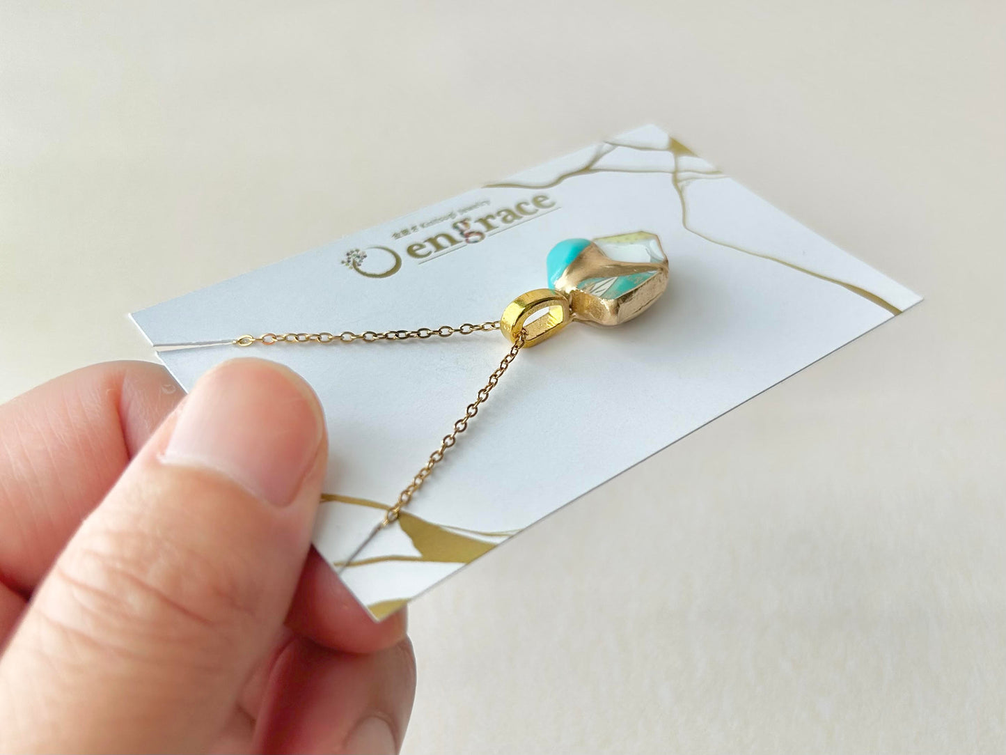 有田焼　金継ぎ　ネックレス　サージカルステンレスチェーン　アレルギー対応　18K　緑　リーフ柄　花柄　ターコイズ　天然石　伝統工芸　＃295