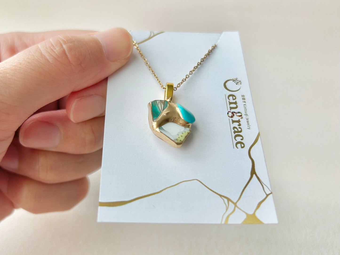 有田焼　金継ぎ　ネックレス　サージカルステンレスチェーン　アレルギー対応　18K　緑　リーフ柄　花柄　ターコイズ　天然石　伝統工芸　＃295