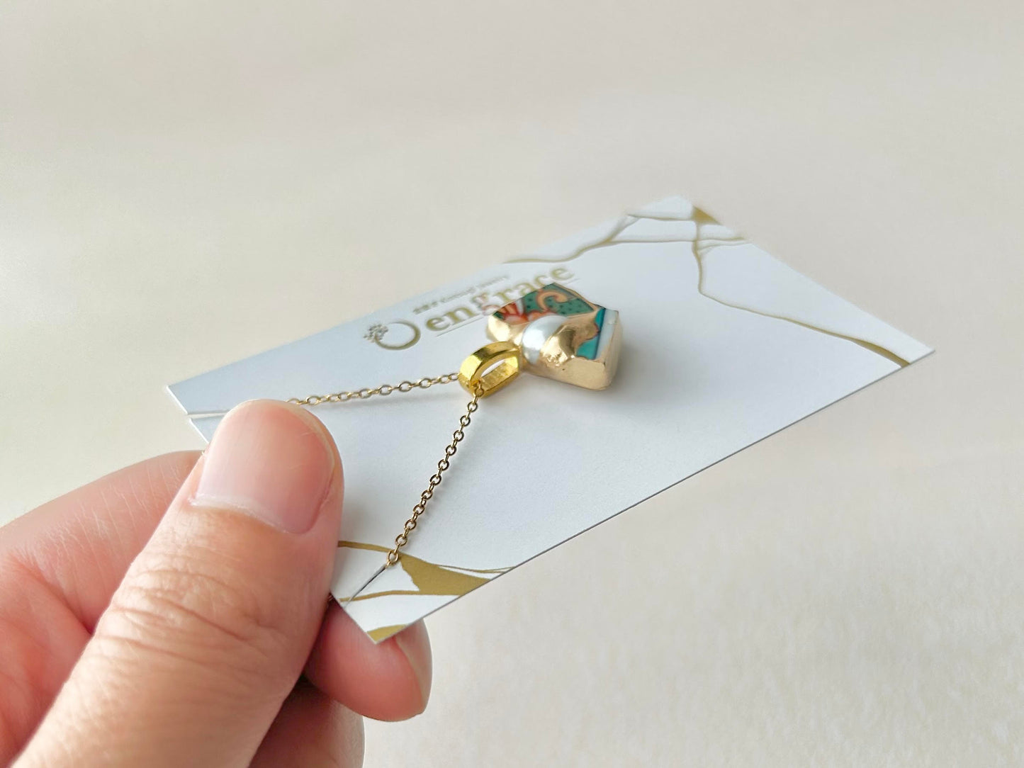 有田焼　金継ぎ　ネックレス　サージカルステンレスチェーン　アレルギー対応　18K　和柄　淡水パール　天然石　伝統工芸　＃297