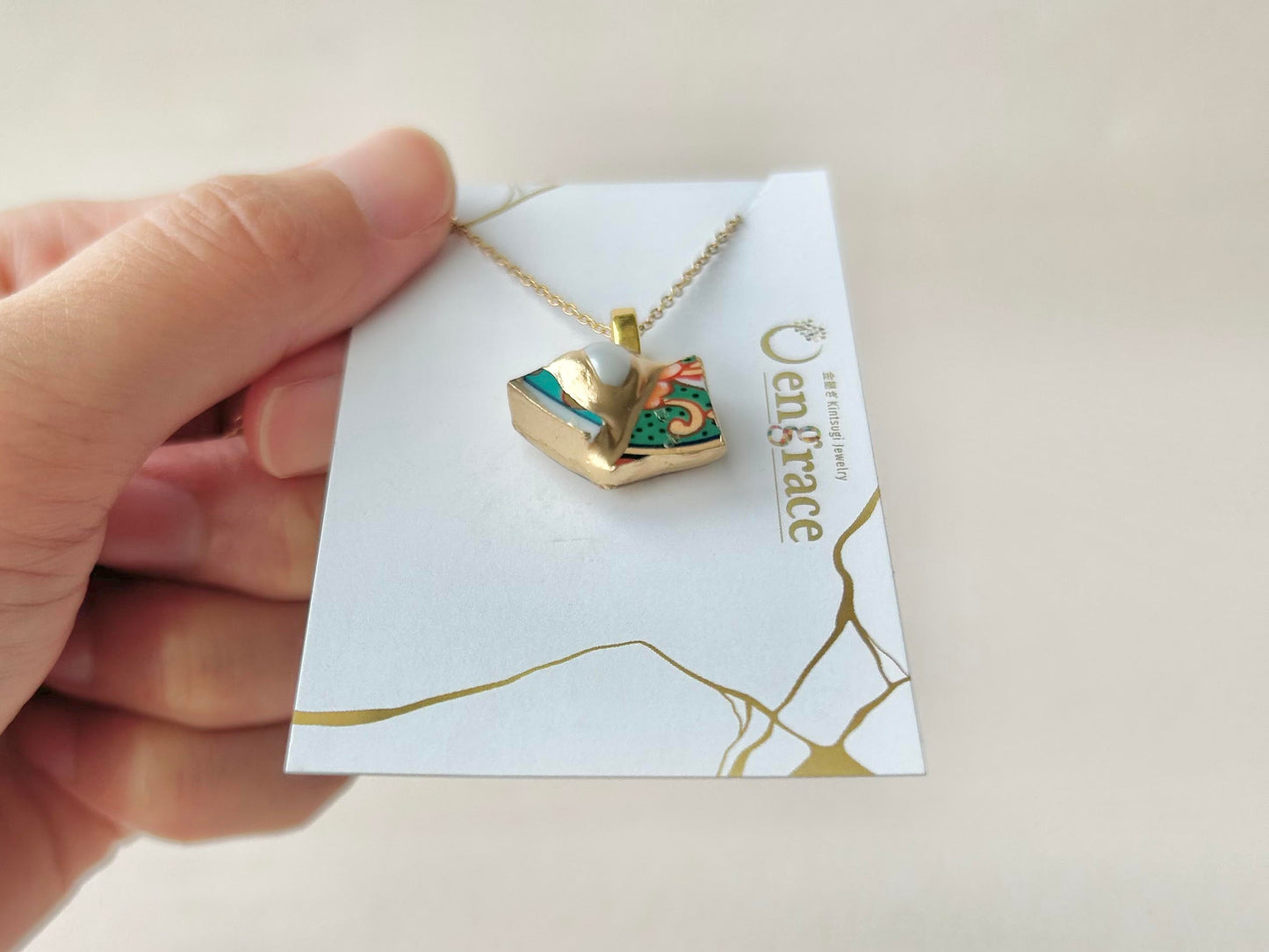 有田焼　金継ぎ　ネックレス　サージカルステンレスチェーン　アレルギー対応　18K　和柄　淡水パール　天然石　伝統工芸　＃297