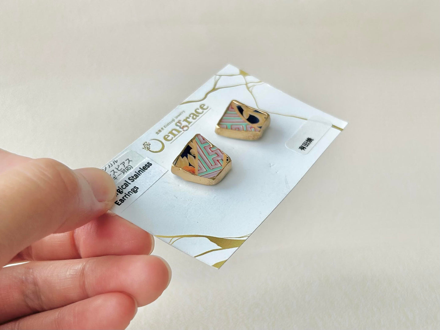 有田焼 　金継ぎ　サージカルステンレスピアス　リーフ柄　和柄　伝統工芸　＃298