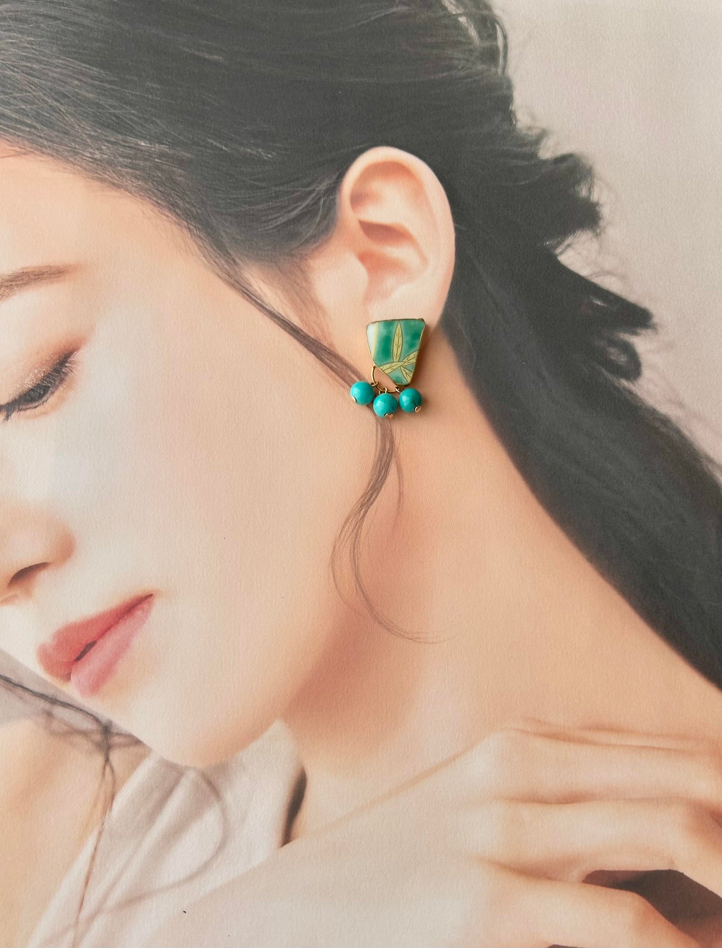 有田焼 　金継ぎ　サージカルステンレスピアス　リーフ柄　花柄　緑　ターコイズ　天然石　伝統工芸　＃303