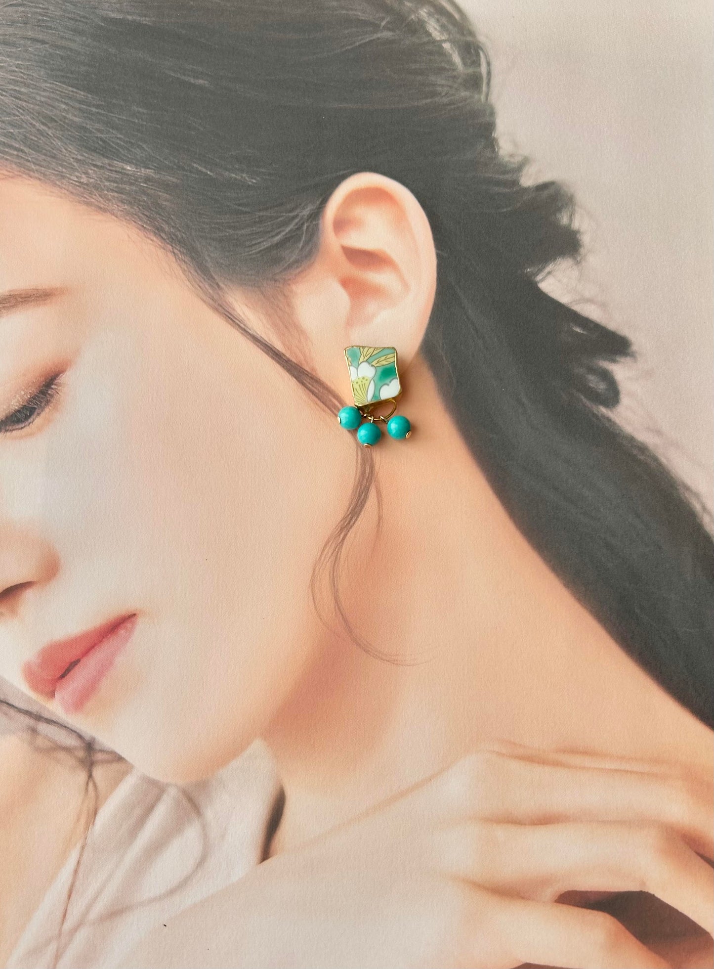 有田焼 　金継ぎ　サージカルステンレスピアス　リーフ柄　花柄　緑　ターコイズ　天然石　伝統工芸　＃303