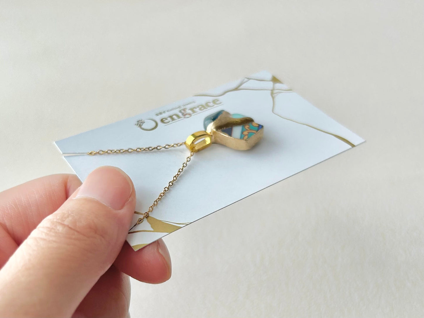 有田焼　金継ぎ　ネックレス　サージカルステンレスチェーン　アレルギー対応　18K　和柄　ターコイズ　アパタイト　天然石　伝統工芸　＃307