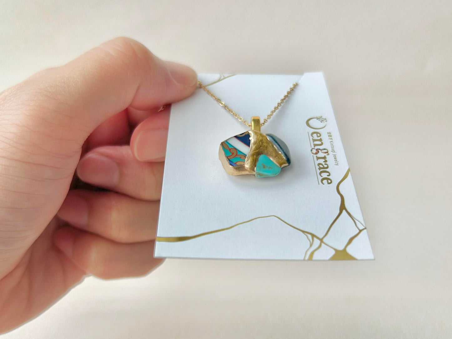 有田焼　金継ぎ　ネックレス　サージカルステンレスチェーン　アレルギー対応　18K　和柄　ターコイズ　アパタイト　天然石　伝統工芸　＃307