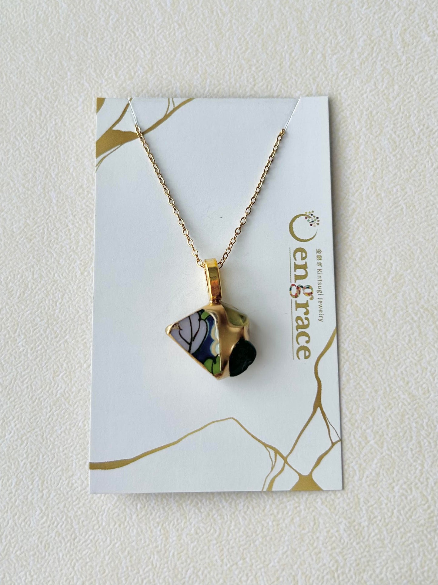 有田焼　金継ぎ　ネックレス　サージカルステンレスチェーン　アレルギー対応　18K　リーフ柄　アパタイト　プレナイト　天然石　伝統工芸　＃308