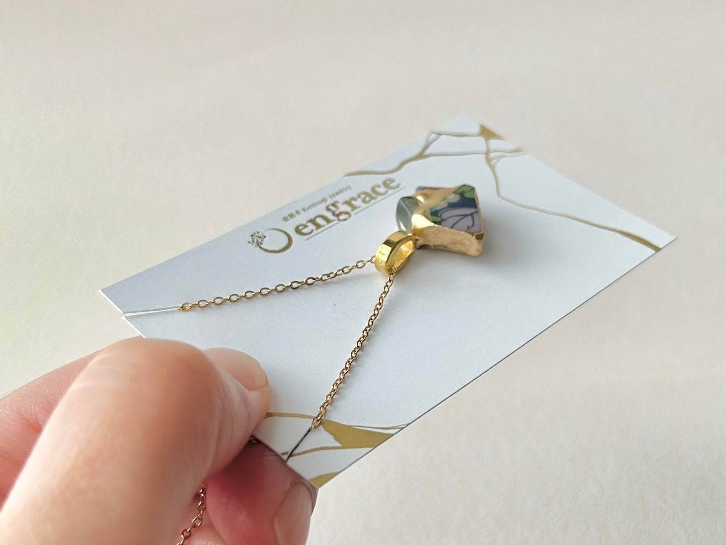 有田焼　金継ぎ　ネックレス　サージカルステンレスチェーン　アレルギー対応　18K　リーフ柄　アパタイト　プレナイト　天然石　伝統工芸　＃308
