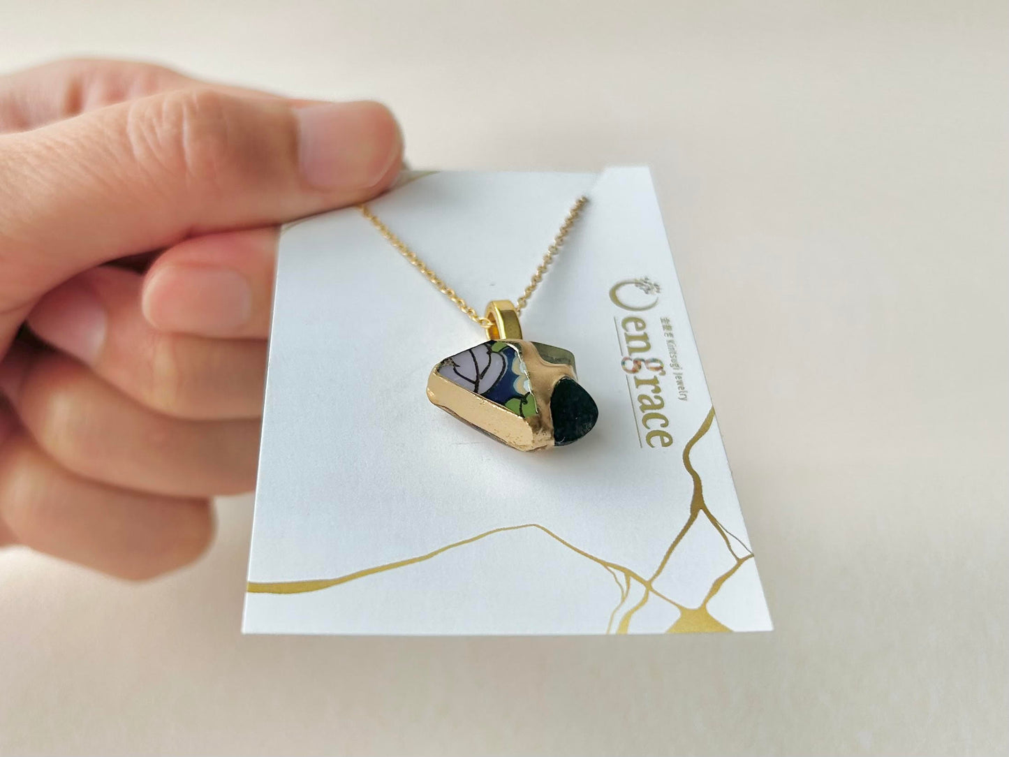 有田焼　金継ぎ　ネックレス　サージカルステンレスチェーン　アレルギー対応　18K　リーフ柄　アパタイト　プレナイト　天然石　伝統工芸　＃308
