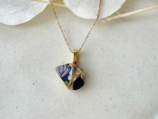 有田焼　金継ぎ　ネックレス　サージカルステンレスチェーン　アレルギー対応　18K　リーフ柄　アパタイト　プレナイト　天然石　伝統工芸　＃308