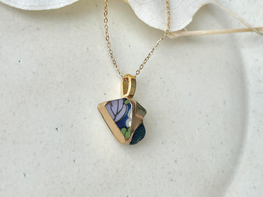 有田焼　金継ぎ　ネックレス　サージカルステンレスチェーン　アレルギー対応　18K　リーフ柄　アパタイト　プレナイト　天然石　伝統工芸　＃308
