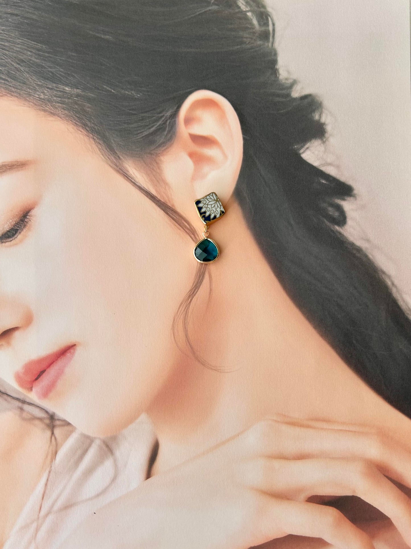 有田焼 　金継ぎ　サージカルステンレスピアス　リーフ柄　花柄　揺れる　伝統工芸　＃324