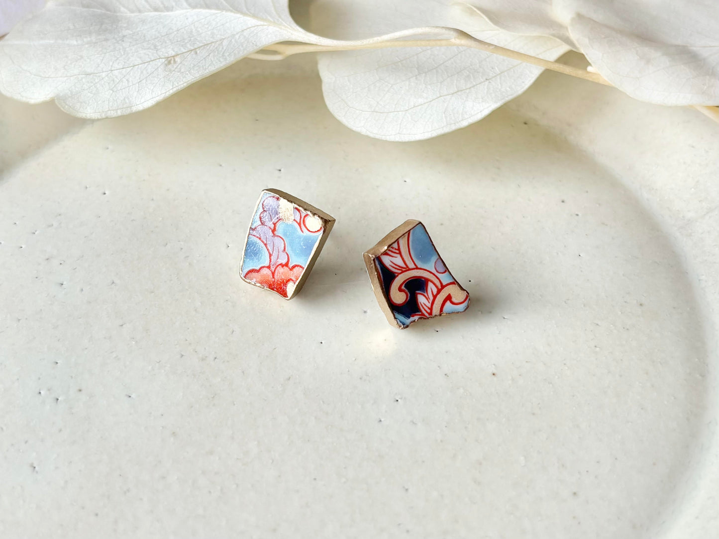 有田焼 　金継ぎ　サージカルステンレスピアス　リーフ柄　花柄　 伝統工芸　＃342