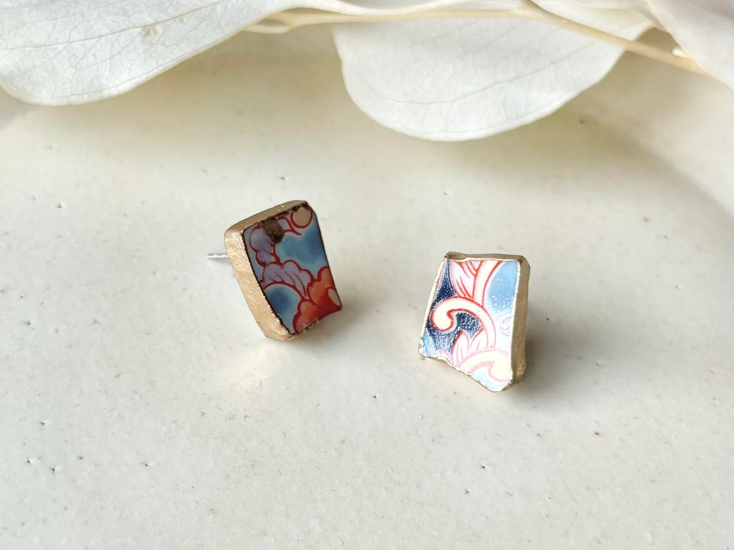 有田焼 　金継ぎ　サージカルステンレスピアス　リーフ柄　花柄　 伝統工芸　＃342