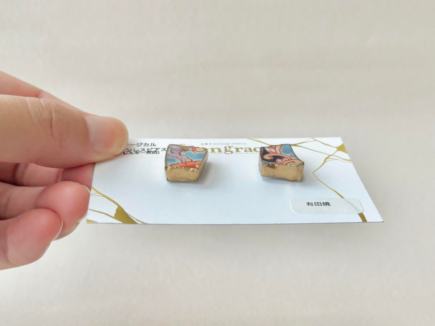 有田焼 　金継ぎ　サージカルステンレスピアス　リーフ柄　花柄　 伝統工芸　＃342