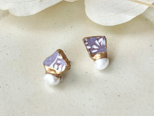 京焼　金継ぎ　サージカルステンレスピアス　紫　花柄　淡水パール　天然石　 伝統工芸　＃343