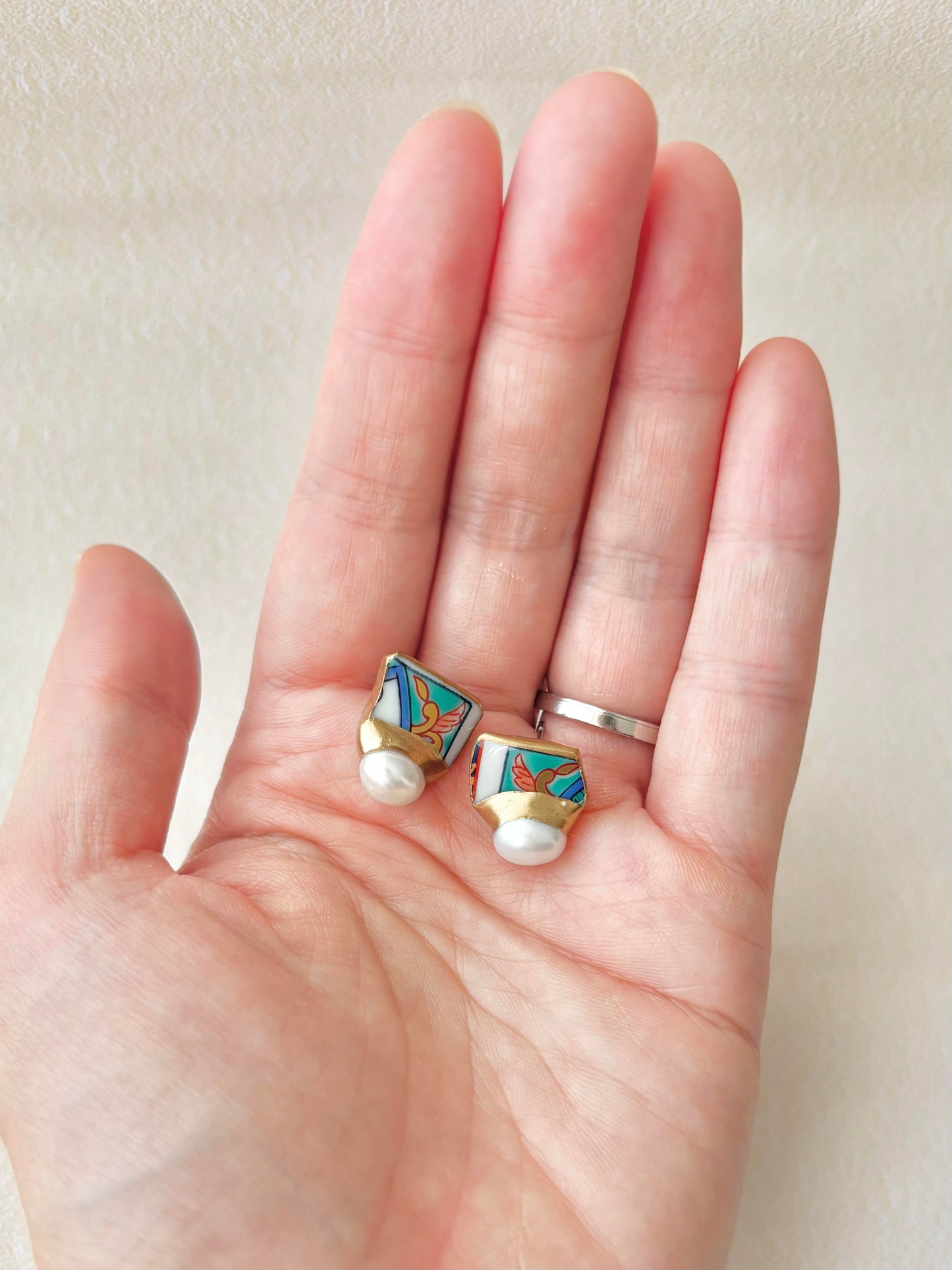 有田焼 　金継ぎ　サージカルステンレスピアス　和柄　淡水パール　天然石　伝統工芸　＃347