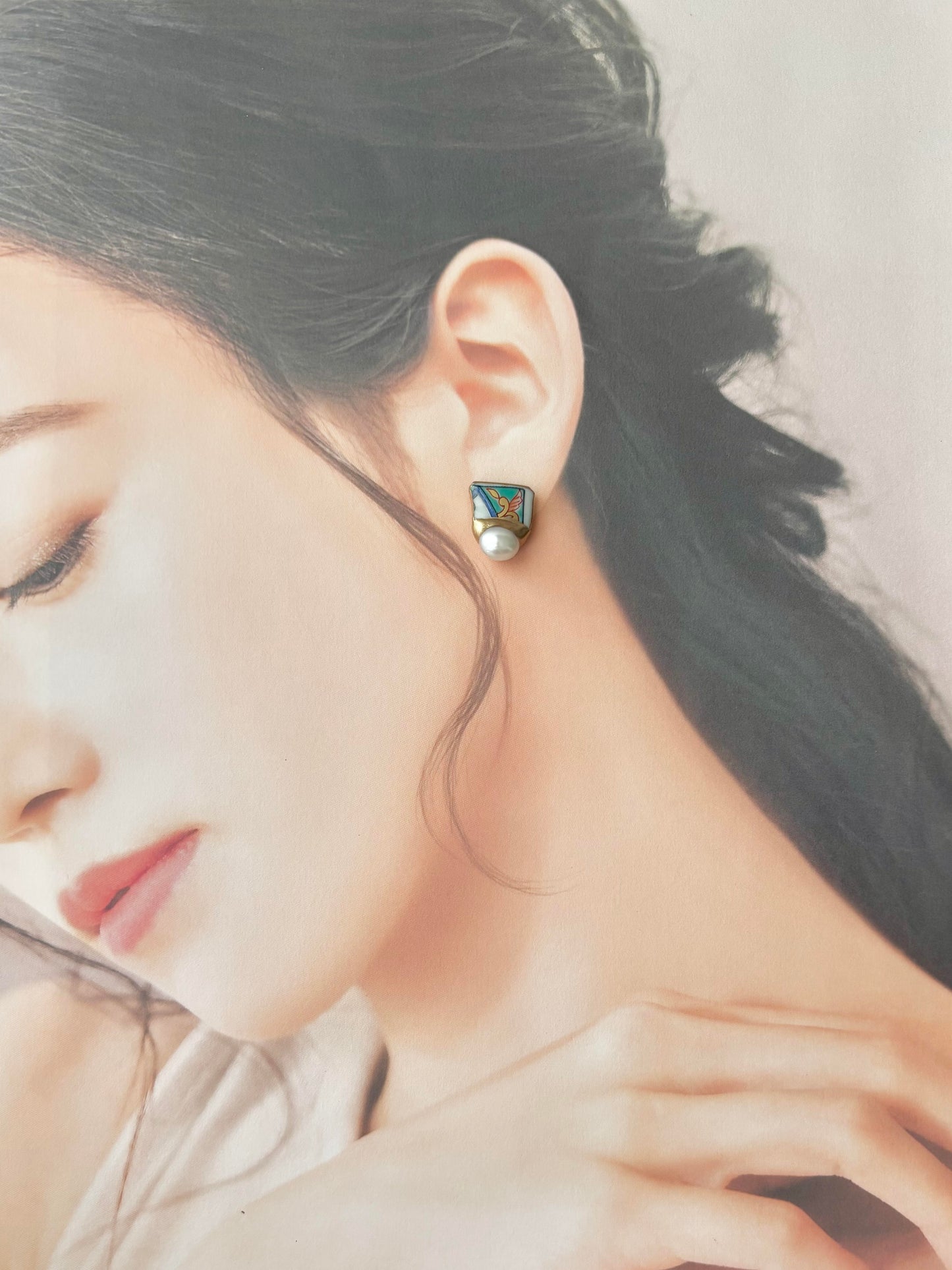 有田焼 　金継ぎ　サージカルステンレスピアス　和柄　淡水パール　天然石　伝統工芸　＃347