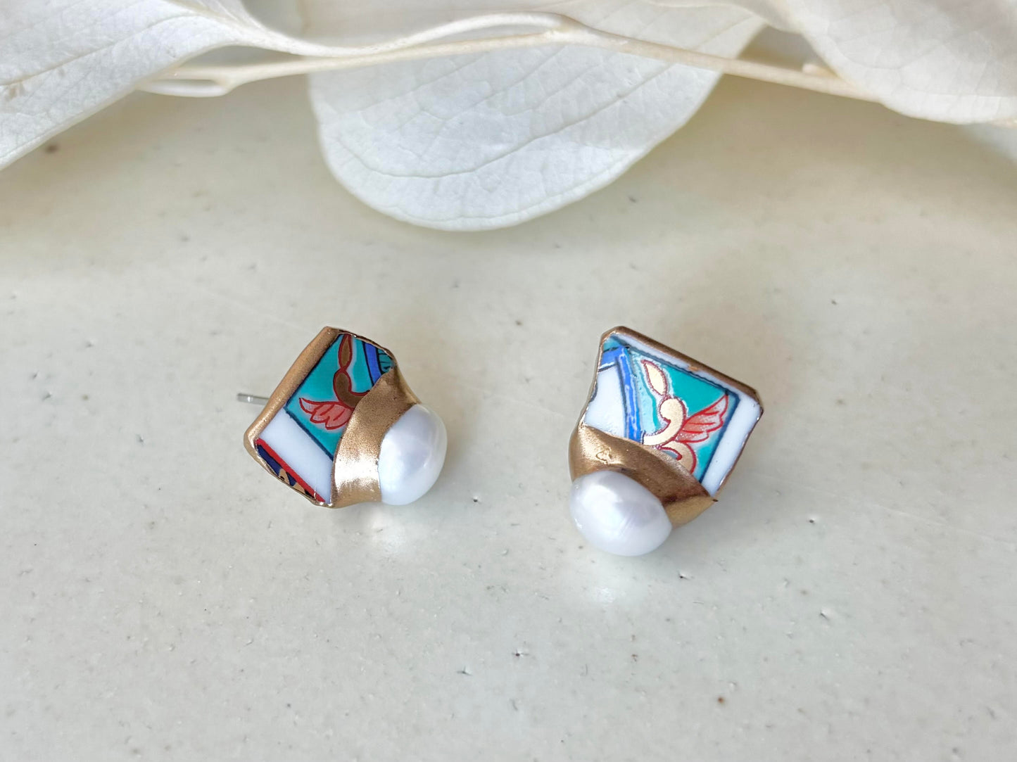 有田焼 　金継ぎ　サージカルステンレスピアス　和柄　淡水パール　天然石　伝統工芸　＃347