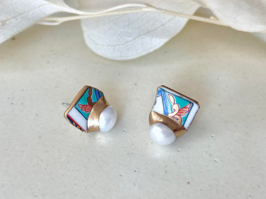 有田焼 　金継ぎ　サージカルステンレスピアス　和柄　淡水パール　天然石　伝統工芸　＃347