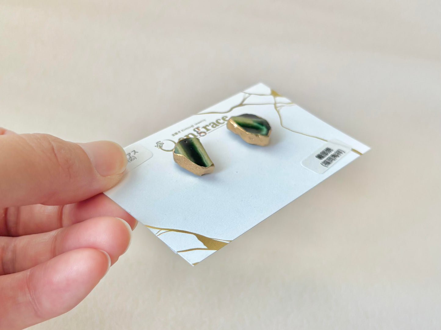 織部焼　金継ぎ　サージカルステンレスピアス　深い緑　伝統工芸　＃348