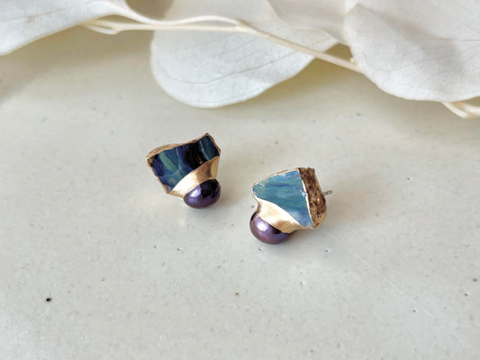 萩焼　金継ぎ　サージカルステンレスピアス　藍色　淡水パール　ブラックピーコック　天然石　 伝統工芸　＃349