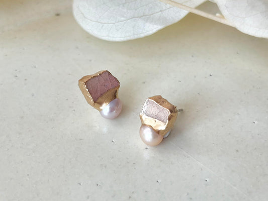 萩焼　金継ぎ　サージカルステンレスピアス　ピンク　淡水パール　天然石　 伝統工芸　＃350