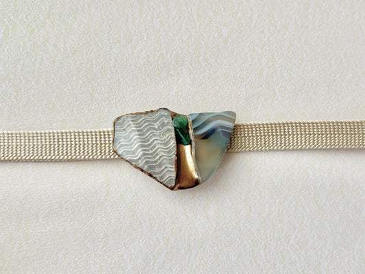 京焼　金継ぎ　帯留　グレー　グリーンアゲート　マラカイト　天然石　伝統工芸　＃355