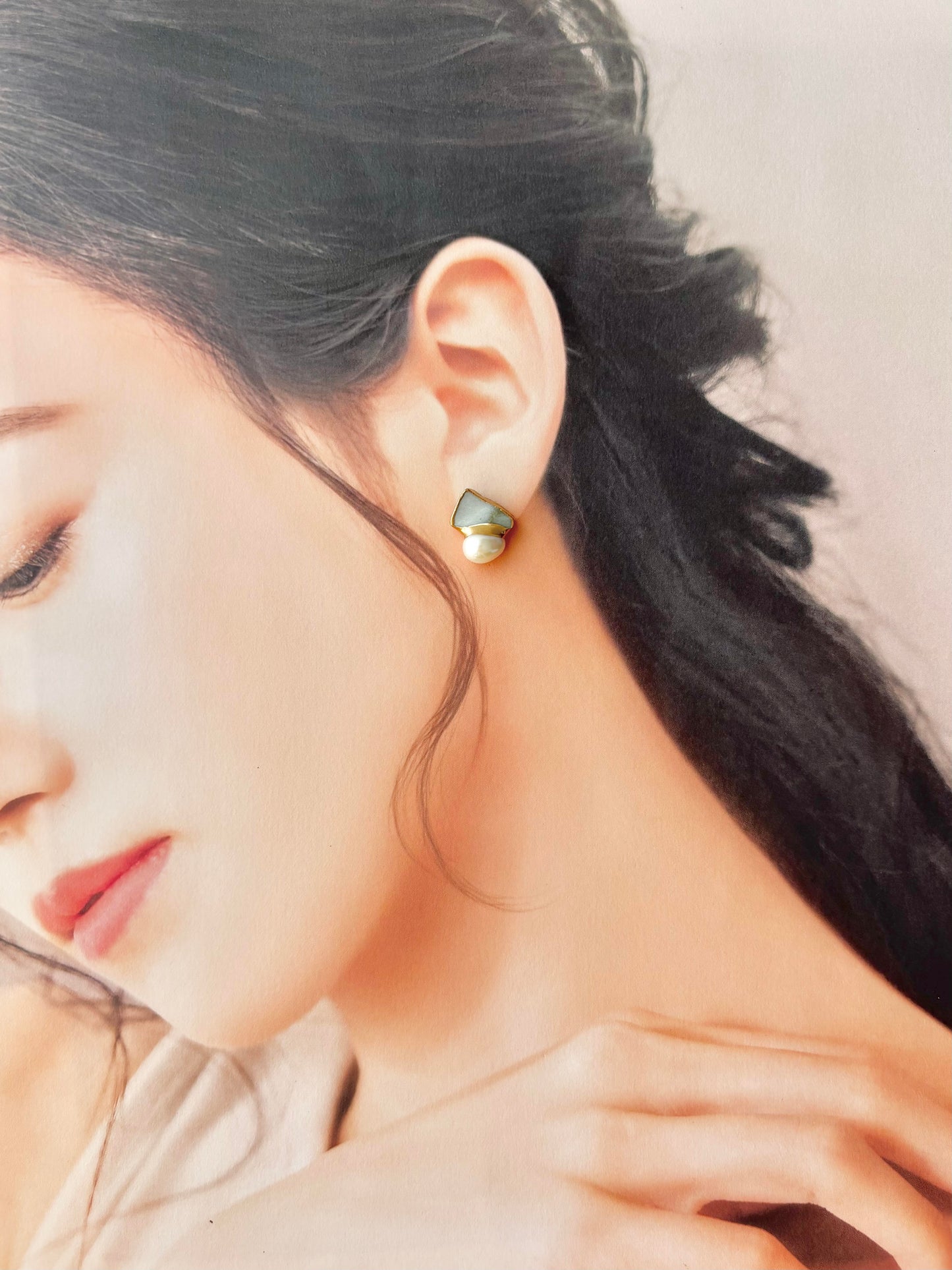 京焼　金継ぎ　サージカルステンレスピアス　グレー　白　淡水パール　天然石　 伝統工芸　＃370