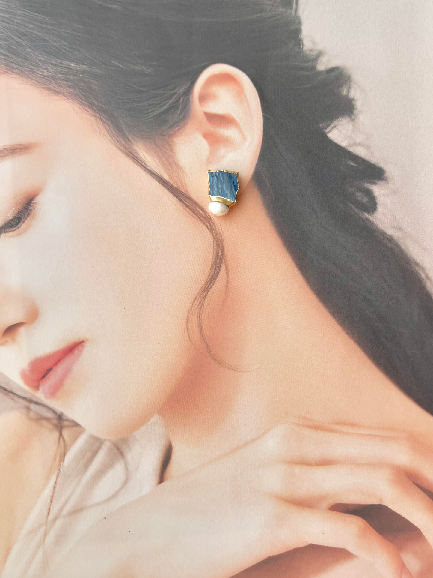 萩焼　金継ぎ　サージカルステンレスピアス　藍色　淡水パール　天然石　 伝統工芸　＃373