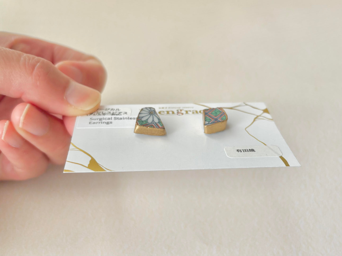 有田焼 　金継ぎ　サージカルステンレスピアス　花柄　和柄　伝統工芸　＃374