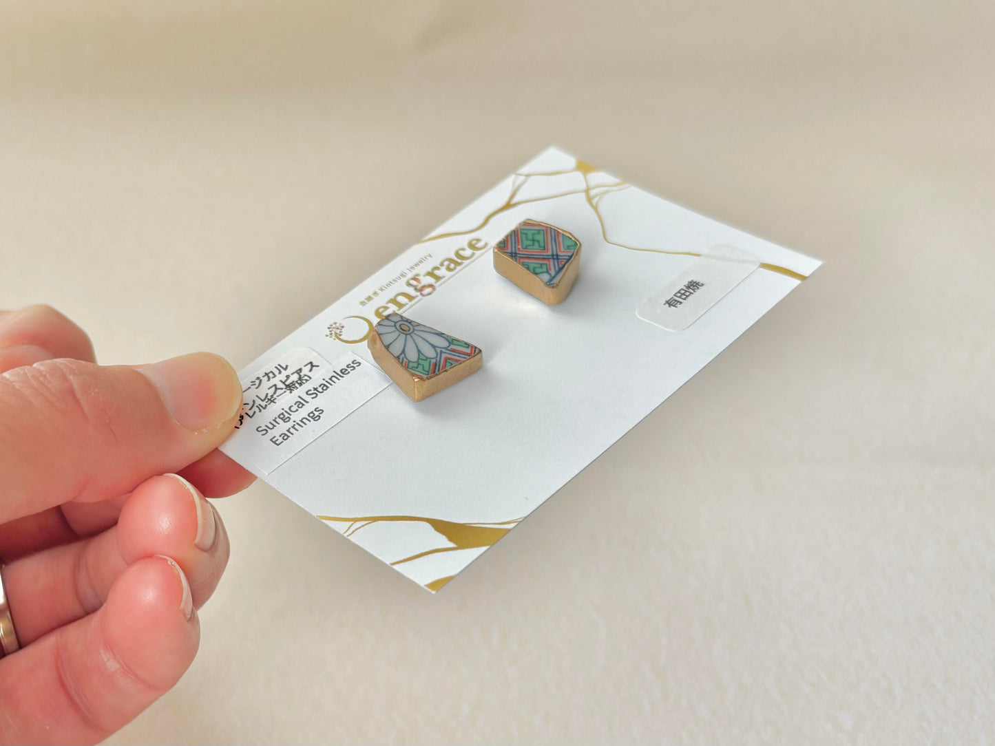 有田焼 　金継ぎ　サージカルステンレスピアス　花柄　和柄　伝統工芸　＃374