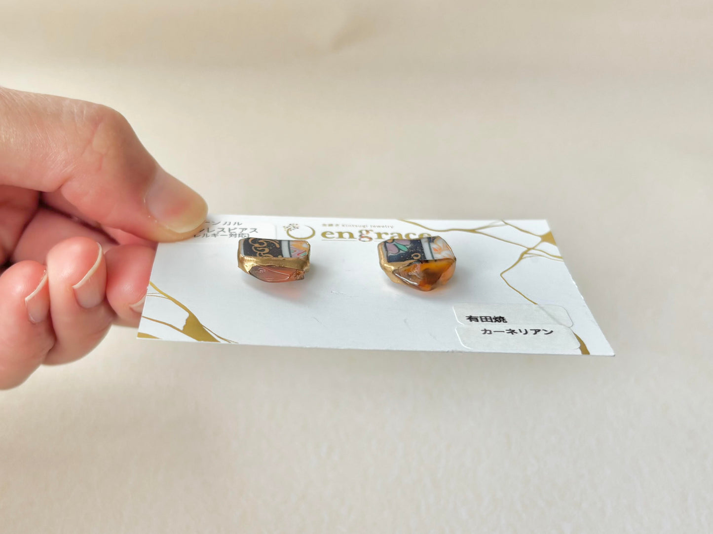 有田焼 　金継ぎ　サージカルステンレスピアス　和柄　カーネリアン　天然石　伝統工芸　＃376