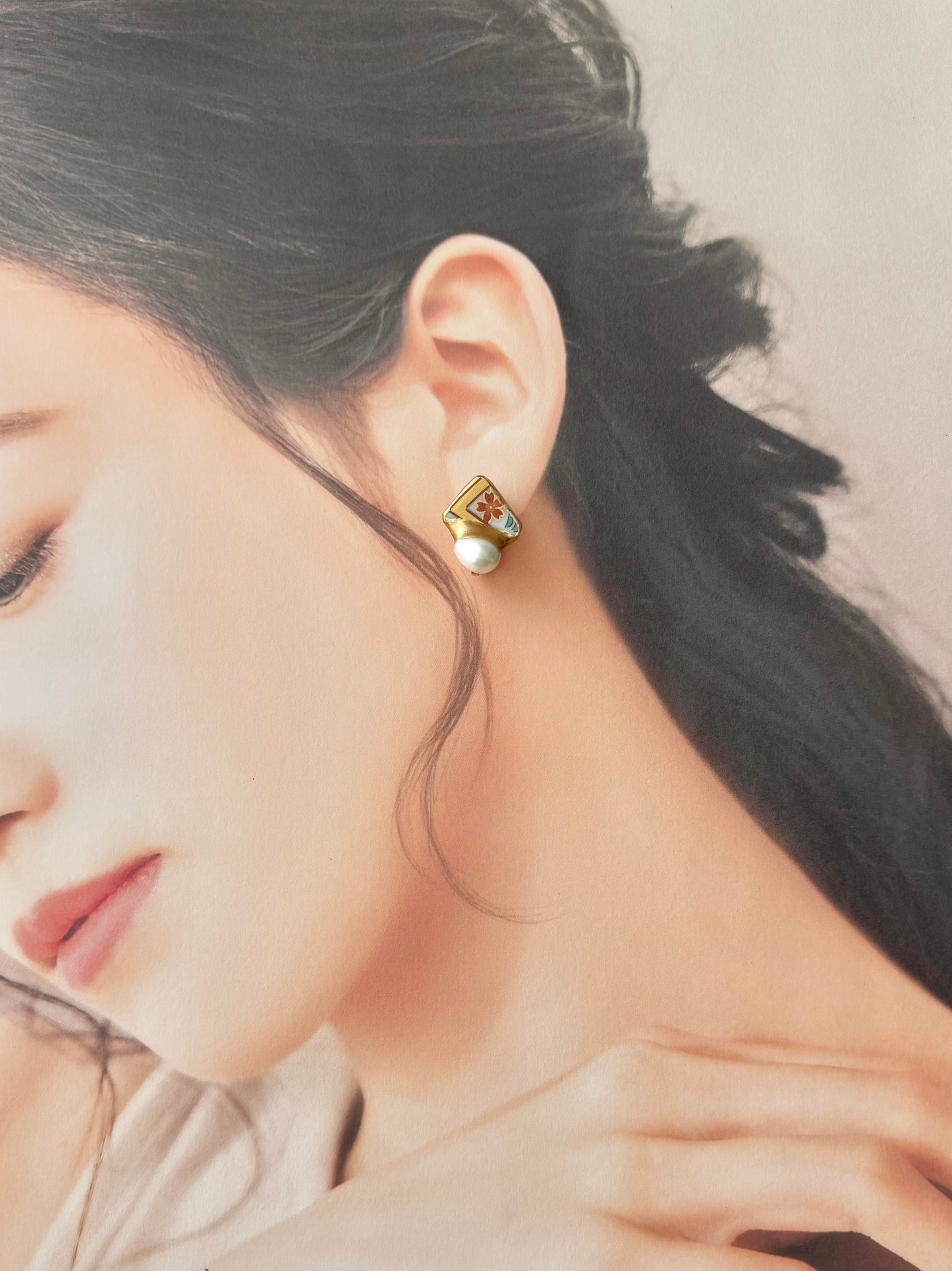 有田焼 　金継ぎ　ネジバネ式イヤリング　オレンジ　ゴールド　花柄　 淡水パール　天然石　伝統工芸　＃384