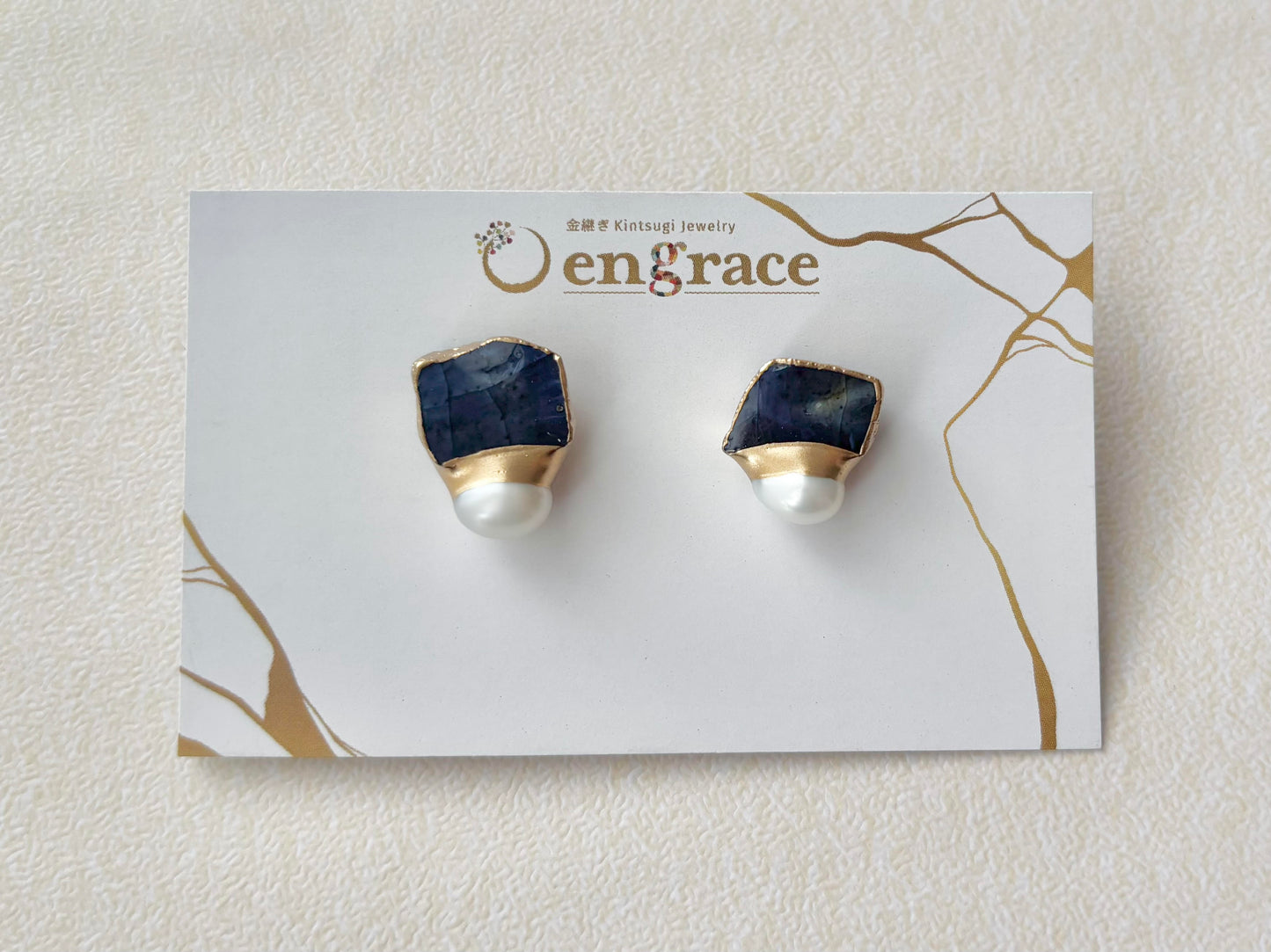 萩焼　金継ぎ　サージカルステンレスピアス　藍色　淡水パール　天然石　 伝統工芸　＃386