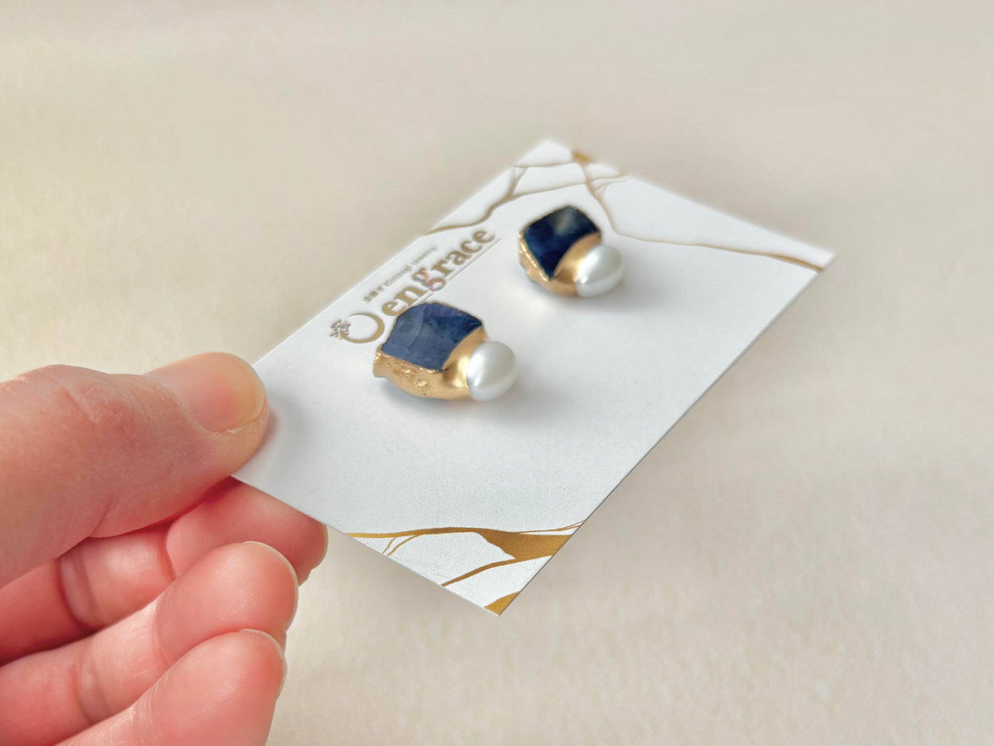 萩焼　金継ぎ　サージカルステンレスピアス　藍色　淡水パール　天然石　 伝統工芸　＃386