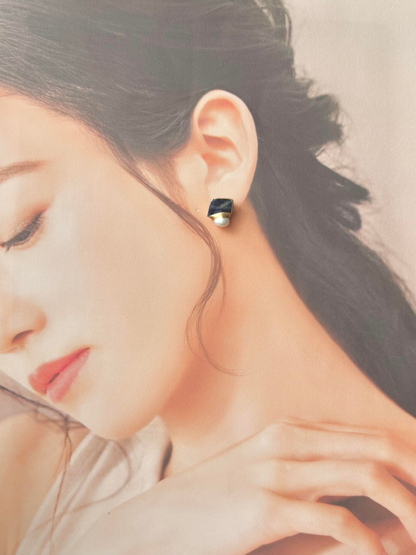 萩焼　金継ぎ　サージカルステンレスピアス　藍色　淡水パール　天然石　 伝統工芸　＃386