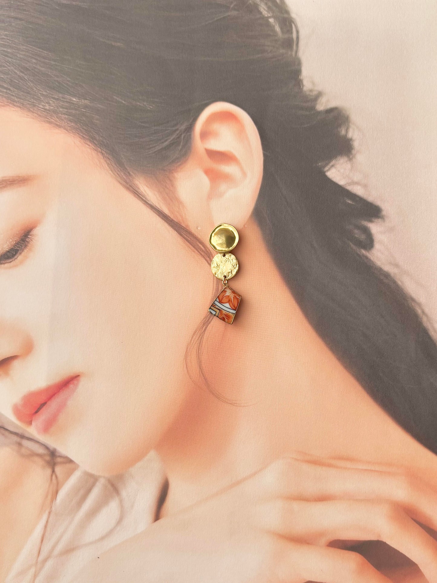 有田焼 　金継ぎ　サージカルステンレスピアス　オレンジ　花柄　リーフ柄　揺れる　伝統工芸　＃387