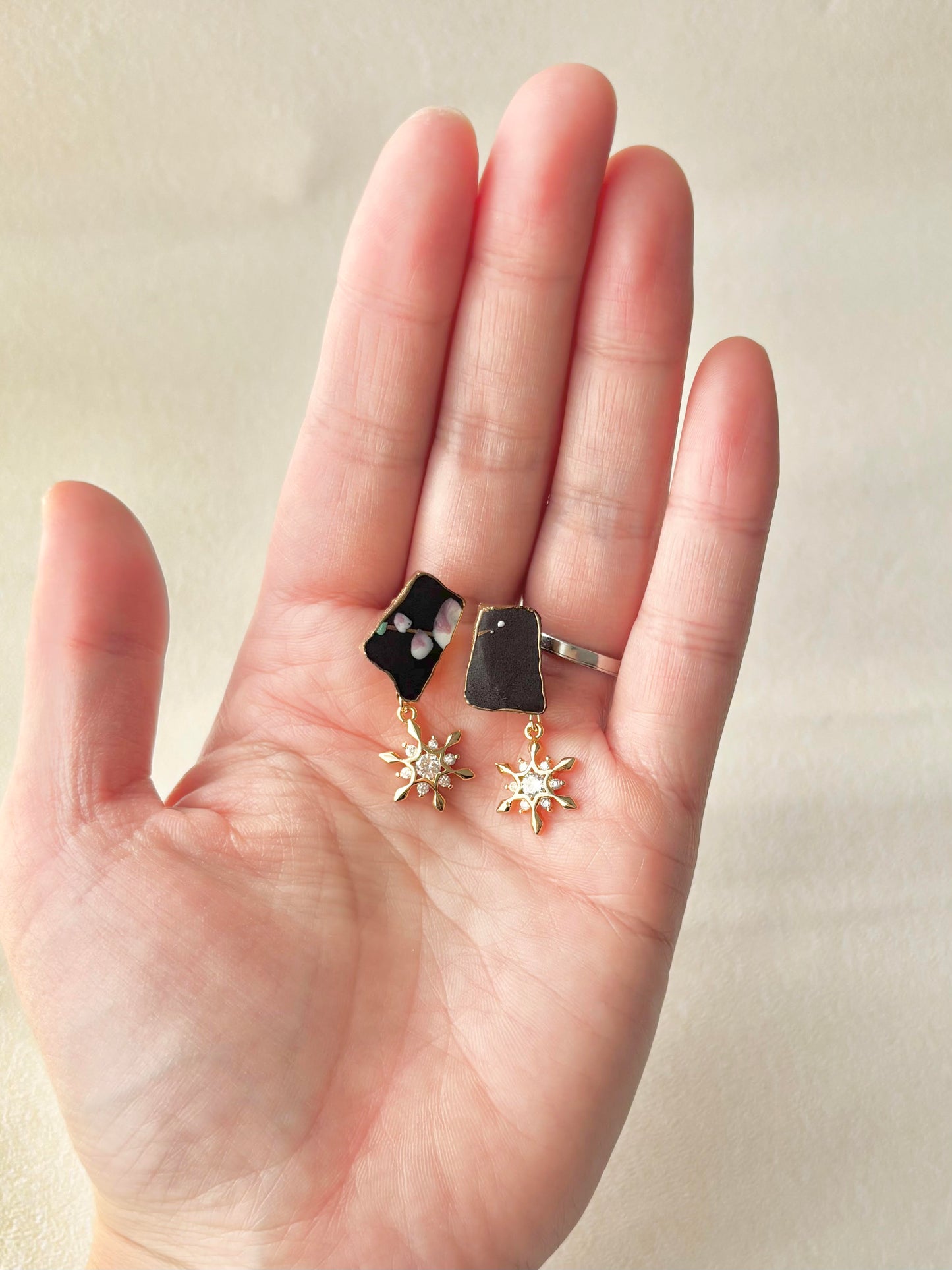 京焼 　金継ぎ　サージカルステンレスピアス　手書き　絵付け　花柄　黒　伝統工芸　＃391